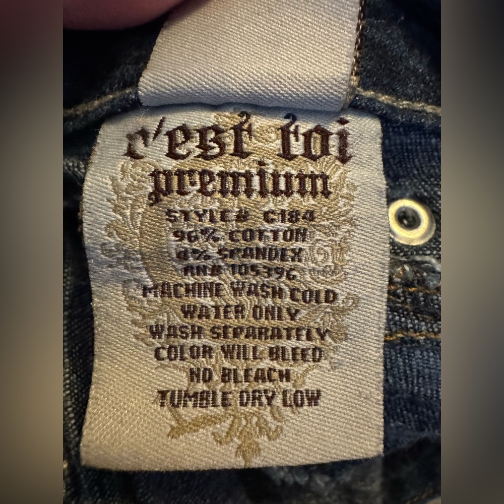 C’est-Toi Premium Y2K Denim Blue Cropped Jeans w/ Stretch & Rhinestone Buttons - Picture 9 of 14